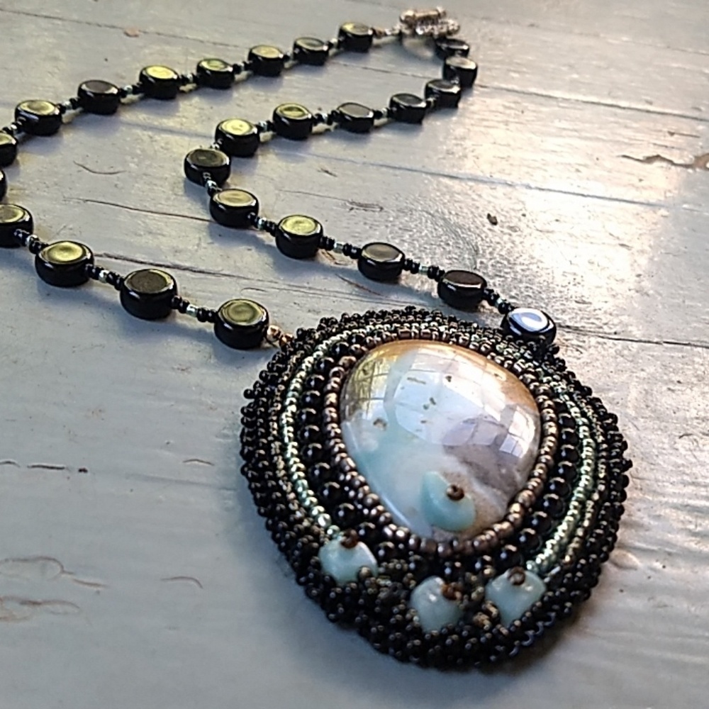 Hand Beaded Larimar Statement Necklace - image 1